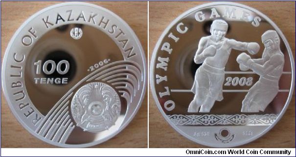 100 Tenge - Olympic Games 2008 - Boxing - 31.1 g Ag .925 Proof - mintage 12,000