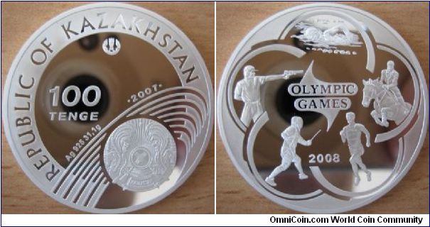 100 Tenge - Olympic Games 2008 - Pentathlon - 31.1 g Ag .925 Proof - mintage 10,000
