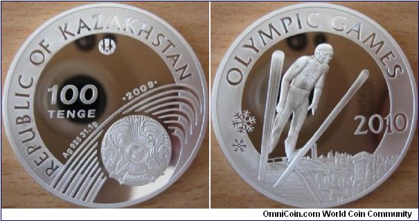 100 Tenge - Winter Olympic Games 2010 - Ski jumping - 31.1 g Ag .925 Proof - mintage 10,000