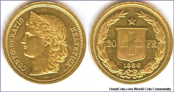 1886 GOLD 20 FRANCS, BU.