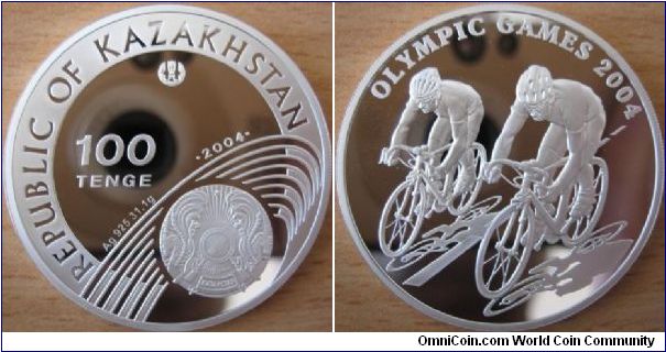 100 Tenge - Athens Olympic games - cyclism - 31.1 g Ag .925 Proof - mintage 15,000