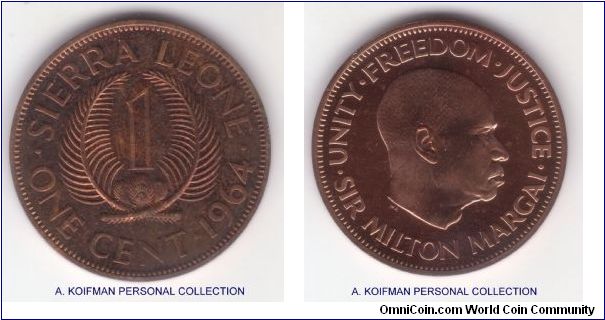 KM-17, 1964 Sierra Leone cent; proof, bronze, plain edge; medium to heavy toning on obverse, mintage 10,000 in proof