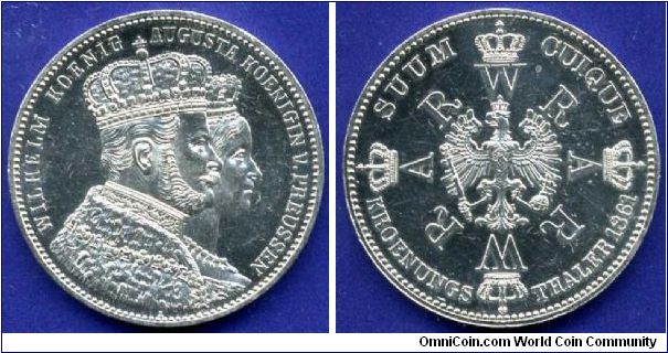 Kroenungsthaler (Coronation Vereinsthaler).
Kingdom of Prussia.
King Wilhelm I & Quieen Augusta.
'A'- Berlin mint.
Mintage 1,000,000 units.


Ag900f. 18,52gr.