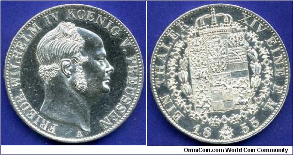 Wappenthaler (Armorial Thaler).
Kingdom of Prussia.
Friedrich Wilhelm IV (1840-1861).
'A'- Berlin mint.
Mintage 7,300,000 units.


Ag750f. 22,27gr.