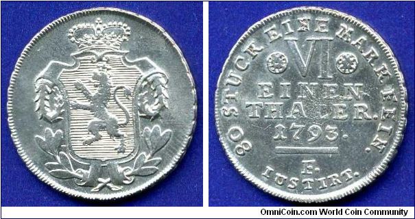 1/6 Thaler.
Duchy of Hessen-Kassel.
Duke Wilhelm IX (1785-1803).
'F'- mintmaster Dietrich Flalda 1774-1831.


Ag.