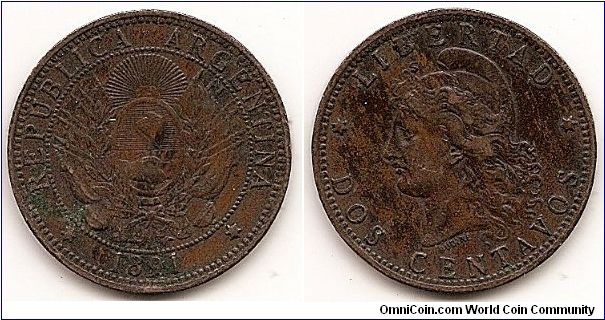2 Centavos
KM#33
Bronze Obv: Argentine arms Rev: Capped liberty head left