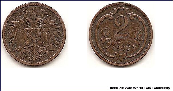 2 Heller
KM#2801
3.3500 g., Bronze, 19 mm. Ruler: Franz Joseph I Obv: Crowned imperial double eagle Rev: Value above sprays, date below within shield Edge: Smooth