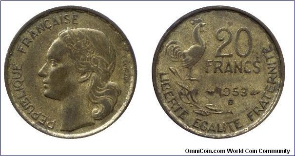 4th French Republic, 20 francs, 1953, Al-Bronze, MM: B, 23.5mm, 4g, Cock.                                                                                                                                                                                                                                                                                                                                                                                                                                           