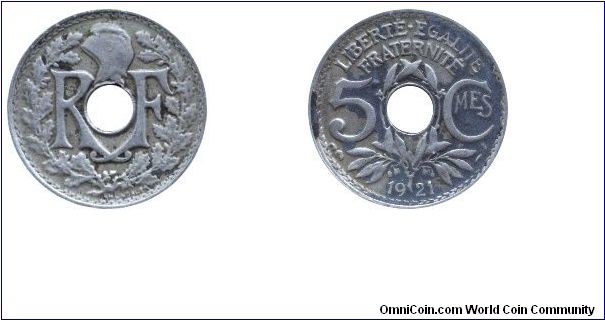 3rd French Republic, 5 centimes, 1921, Cu-Ni, originally holed.                                                                                                                                                                                                                                                                                                                                                                                                                                                     
