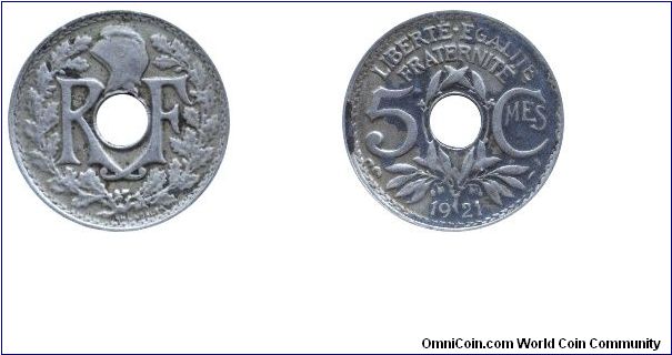 3rd French Republic, 5 centimes, 1921, Cu-Ni, originally holed.                                                                                                                                                                                                                                                                                                                                                                                                                                                     