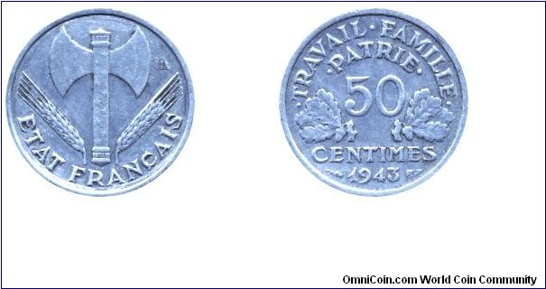 Vichy French State, 50 centimes, 1943, Al, 18mm, 0.66g, Axe.                                                                                                                                                                                                                                                                                                                                                                                                                                                        
