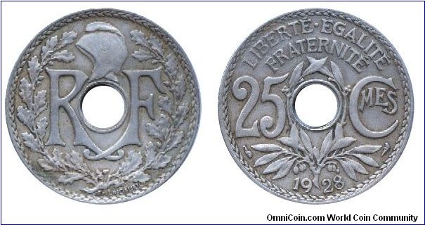 3rd French Republic, 25 centimes, 1928, originally holed.                                                                                                                                                                                                                                                                                                                                                                                                                                                           