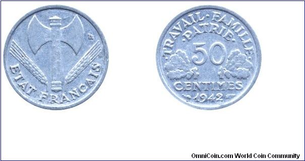 Vichy French State, 50 centimes, 1942, Al, 18mm, 0.8g, Axe.                                                                                                                                                                                                                                                                                                                                                                                                                                                         