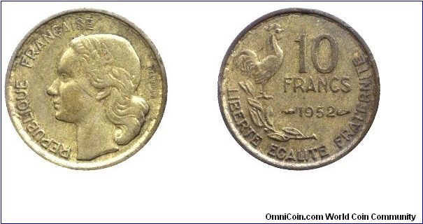 4th French Republic, 10 francs, 1952, Al-Bronze, 20mm, 3.04g, Cock.                                                                                                                                                                                                                                                                                                                                                                                                                                                 