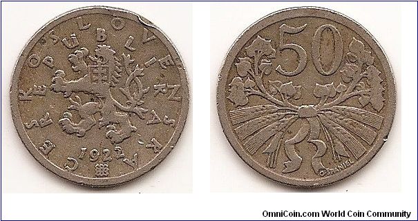50 Haleru -Czechoslovakia - 
KM#2
5.0000 g., Copper-Nickel, 22 mm. Obv: Czech lion with Slovak shield, date below Rev: Linden branches and wheat sprigs bound with ribbon Edge: Milled