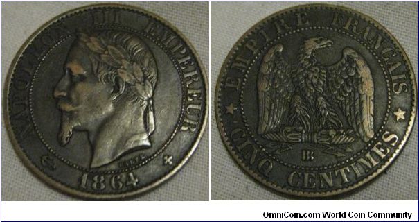 1864 VF 5 centimes, strasbourg mint