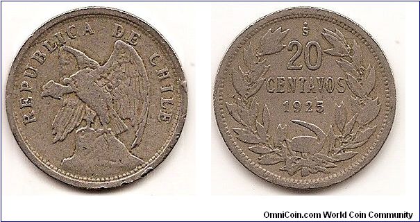 20 Centavos
KM#167.1
4.5000 g., Copper-Nickel, 22.68 mm. Obv: Without designer's name O. ROTY at bottom Rev: Denomination and date within wreath, large numeral Edge: Plain