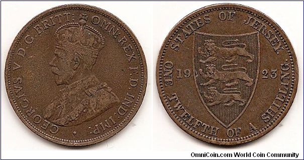 1/12 Shilling
KM#12
9.4500 g., Bronze Obv: Crowned bust left Rev: Pointed shield divides date