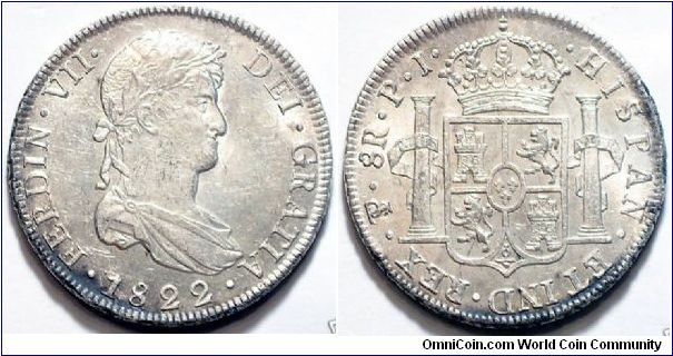 Potosi, Bolivia 8 Reales dated 1822 assayer PJ under the reign of Ferdinand VII of Spain.