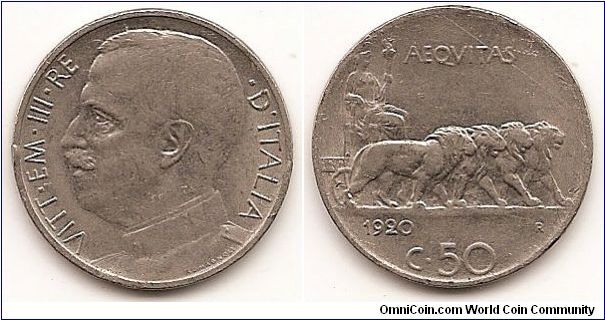50 Centesimi
KM#61.1
6.1000 g., Nickel, 24 mm. Ruler: Vittorio Emanuele III Obv: Head left Rev: Four lions pulling cart with seated Aequitas Edge: Plain
