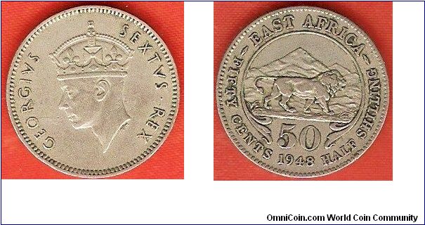 50 cents - half shilling
George VI by Percy Metcalfe
title without INDIAE IMPERATOR
copper-nickel
British Royal Mint