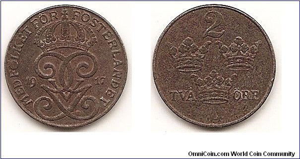 2 Ore
KM#790
Iron, 21 mm. Ruler: Gustaf V Obv: Crowned monogram divides date Rev: Value and crowns Note: World War I issues.