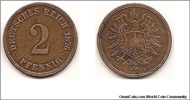 2 Pfennig -Empire
- 
KM#2
3.28 g., Copper Ruler: Wilhelm I Obv: Denomination, date at right Rev: Crowned imperial eagle with shield on breast