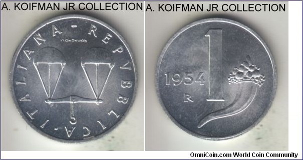 KM-91, 1954 Italy lira, Rome mint (R mint mark); aluminum, plain edge; brilliant uncirculated as minted.