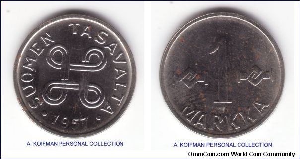 KM-36a, 1957 Finland markka; nickel plated steel, plain edge; coin is brilliant (very bright reflective surfaces, hence dark scans) uncirculated but the nickel plating was probably quite thin and iron started reacting with the air through it showing dark spots