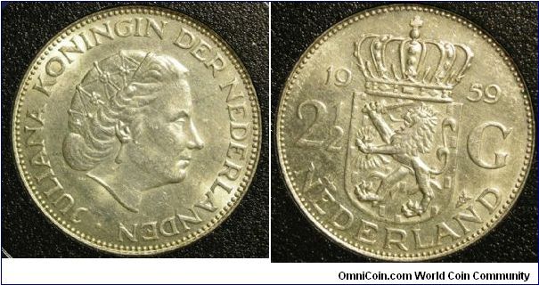 1959 2 1/2 Gulden

15.0000g., 0.7200 Silver 0.3472 ASW

33 mm


Mintage: 7,200,000


KM# 185