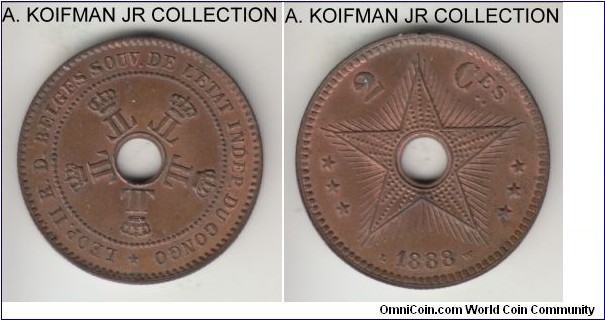 KM-2, 1888 Congo Free State (Belgian Congo) 2 centimes; copper, reeded edge; Leopold II, 2-year type, nice uncirculated or so mostly brown.