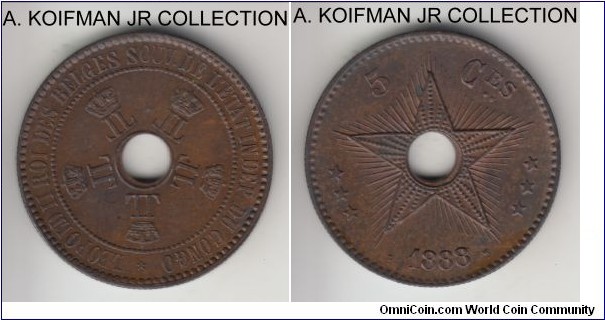 KM-3, 1888/7 Congo Free State (Belgian Congo) 5 centimes; copper, reeded edge; Leopold II, light brown uncirculated.