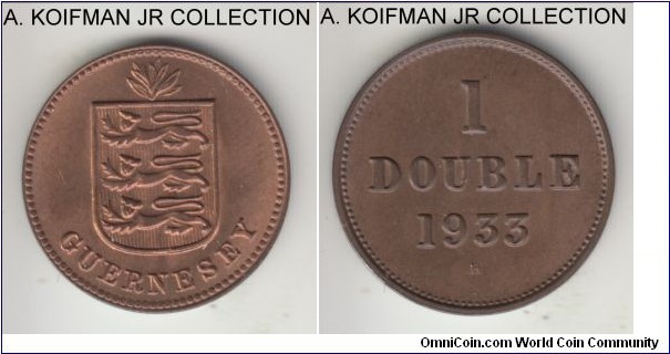 KM-11, 1933 Guernsey, Heaton mint (H mintmark) double; bronze, plain edge; George V period, mintage 96,000 red (obverse) brown (reverse) uncirculated.
