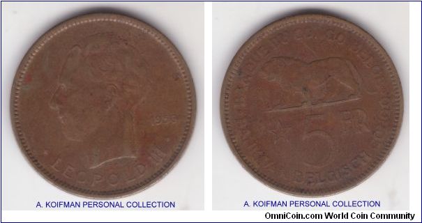 KM-24, 1936 Belgian Congo 5 francs; nickel bronze, plain edge; condition wise I am undecided, probably between good fine and very fine