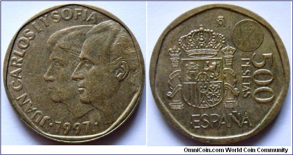 500 pesetas.
1997, Juan Carlos and Sofia