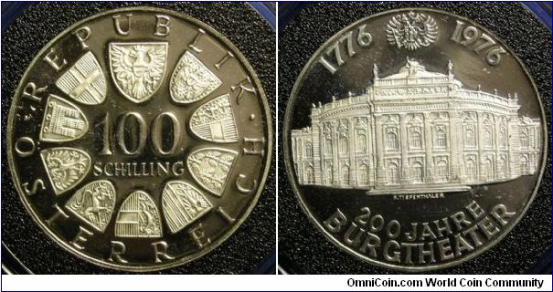 1976 100 Schilling Proof

23.930 g., 0.640 Silver 0.4924 oz. ASW

Mintage: 220,000

KM# 2930