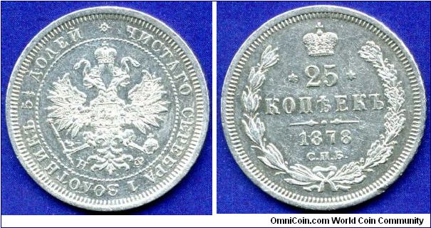 25 kopecks.
Alexander II (1855-1881).
'N.F'- Nicolaus Follendorf work on SPB mint in 1864-86.
Mintage 1,768,000 units.


Ag868f. 5,183gr.