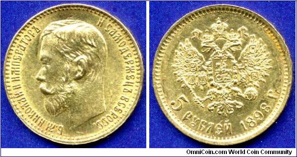 5 Roubles.
Nicolaus II (1894-1917).
'A.G'- Apollon Grasgof work on SPB mint in 1883-99.
Mintage 52,378,000 units.


Au900f. 4,3013gr.