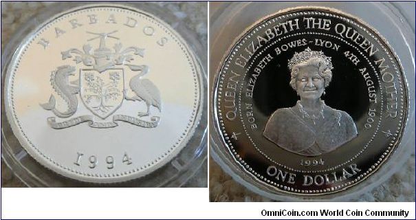 1994 BARBADOS QUEEN ELIZABETH SILVER ONE-DOLLAR