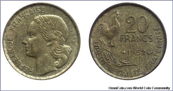 4th French Republic, 20 francs, 1952, Al-Bronze, 23.5mm, 4g, cock.                                                                                                                                                                                                                                                                                                                                                                                                                                                  
