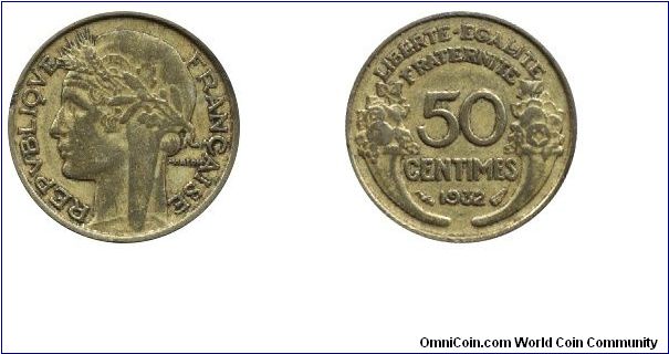 3rd French Republic, 50 centimes, 1932, Al-Bronze.                                                                                                                                                                                                                                                                                                                                                                                                                                                                  