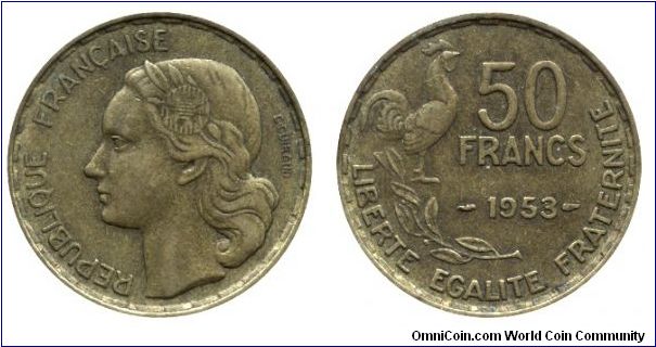 4th French Republic, 50 francs, 1953, Al-Bronze, 27mm, 8g, Cock.                                                                                                                                                                                                                                                                                                                                                                                                                                                    