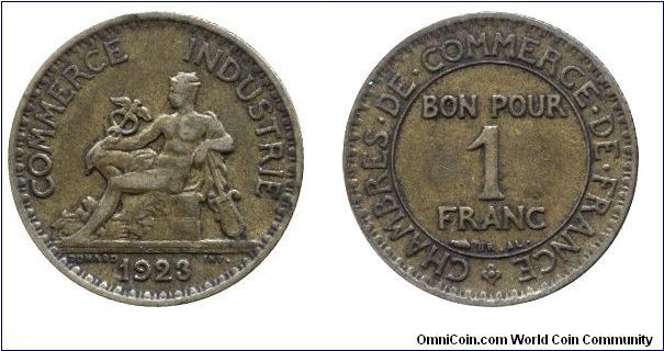 3rd French Republic, 1 franc, 1923, Al-Bronze, Chamber of Commerce.                                                                                                                                                                                                                                                                                                                                                                                                                                                 