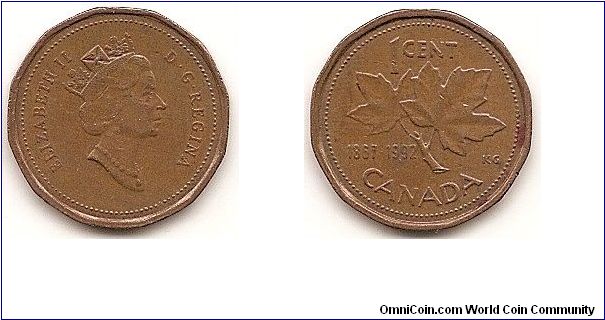 1 Cent
KM#204
Comp.: Bronze Ruler: Elizabeth II Subject: Confederation 125 Obv.: Crowned Queen's head right Rev.: Maple leaf divides date and denomination Size: 19.10 mm.