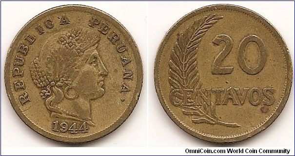 20 Centavos
KM#221.1
Brass, 24 mm. Obv: Head right, divided legend Rev: Value to right of sprig Note: Thick planchet.