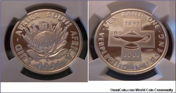 KM-142, 1991 South Africa rand; proof, silver, reeded edge; Nursing Schools commemorative, nice bright proof NGC graded PF 69 ULTRA CAMEO, mintage 8, 675 in proof.