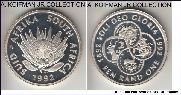 1992 South Africa rand; proof, silver, reeded edge; South African coinage centenial commemorative, mintage 8,094 in proof, lightly toned cameo proof.