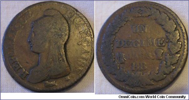 1799 1 decime, worn but readable. BB mint