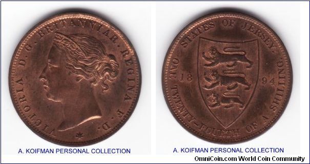 KM-7, 1894 jersey 1/24'th of a shilling; bronze, plain edge; another red brown but mostly brown virtually uncirculated Jersey half penny equivalent, nice, appears to be B2 die variety by H.K.Fears, but I am asking Harold if he should maybe re-examine the first two digits of the date spacing for variety.