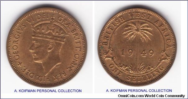KM-28, 1949 British West Africa shilling; tin-brass, security edge; nice uncirculated condition, some toning, no mint mark which makes it Royal Mint issue